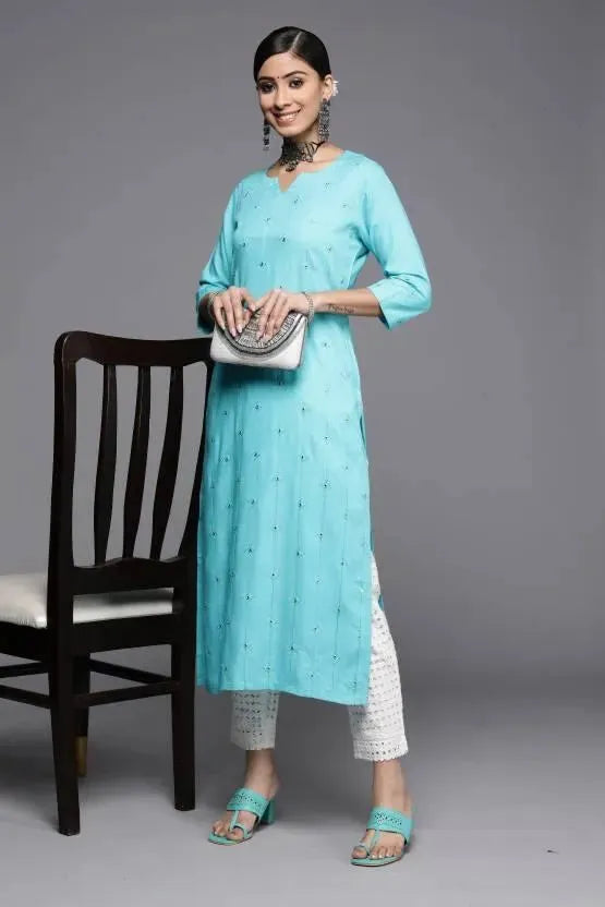 Turquoise Blue Embroidered Rayon Kurta - Libas