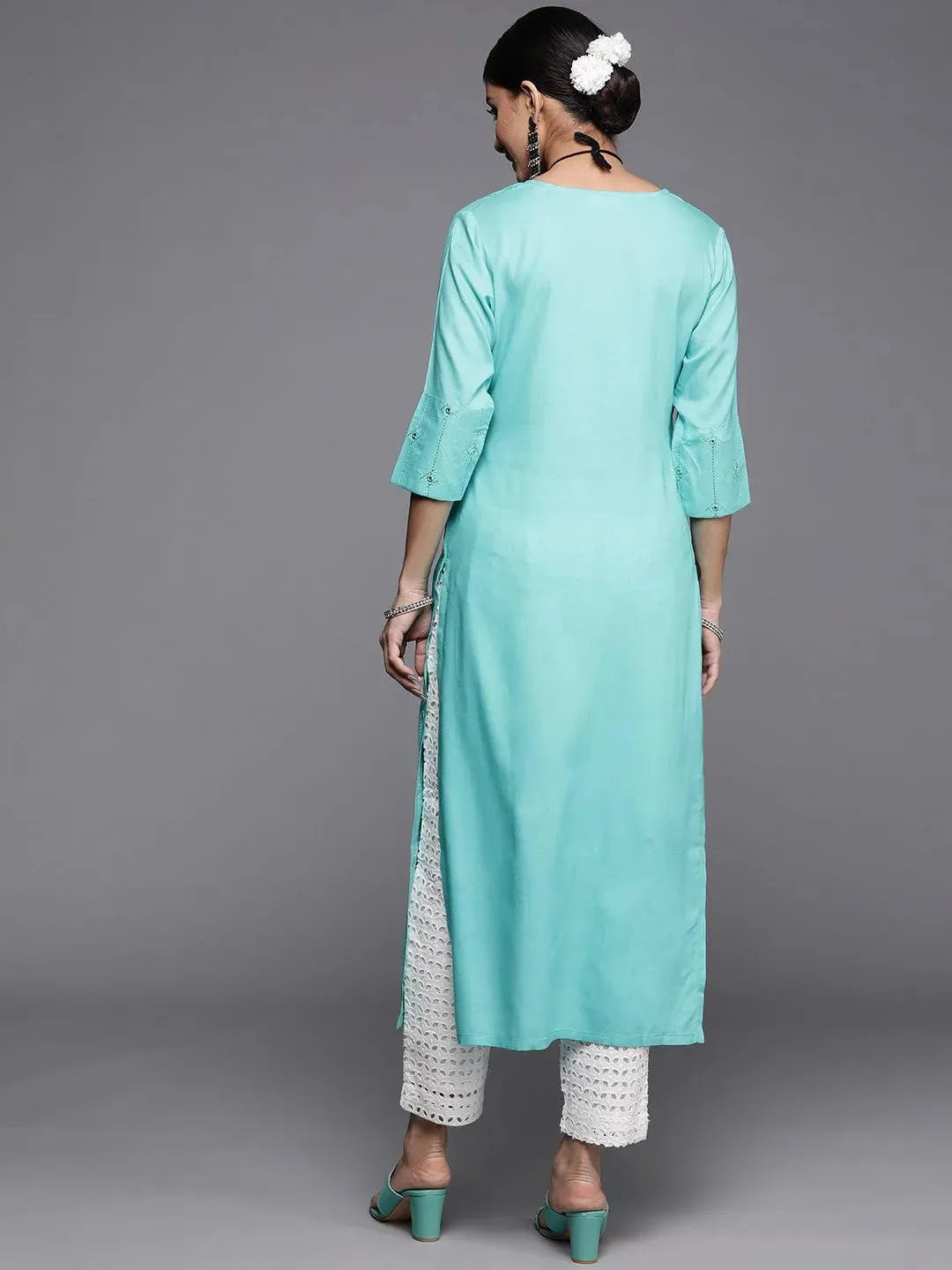 Turquoise Blue Embroidered Rayon Kurta - Libas