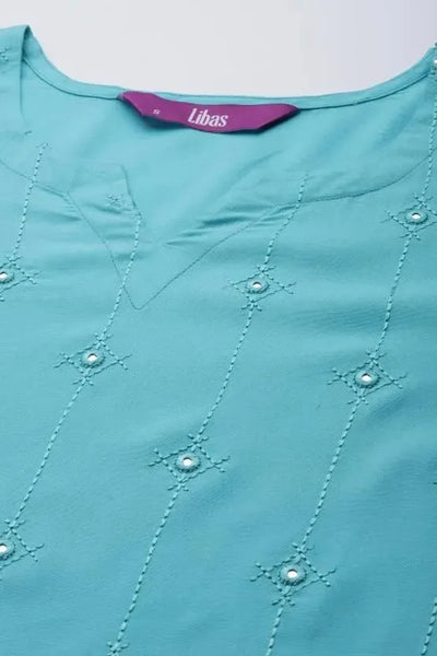 Turquoise Blue Embroidered Rayon Kurta - Libas