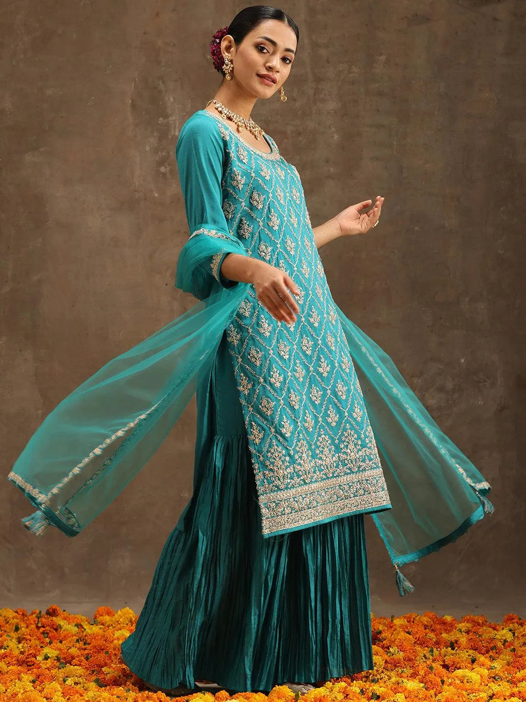 

Turquoise Blue Embroidered Silk Blend Straight Sharara Suit Set With Dupatta