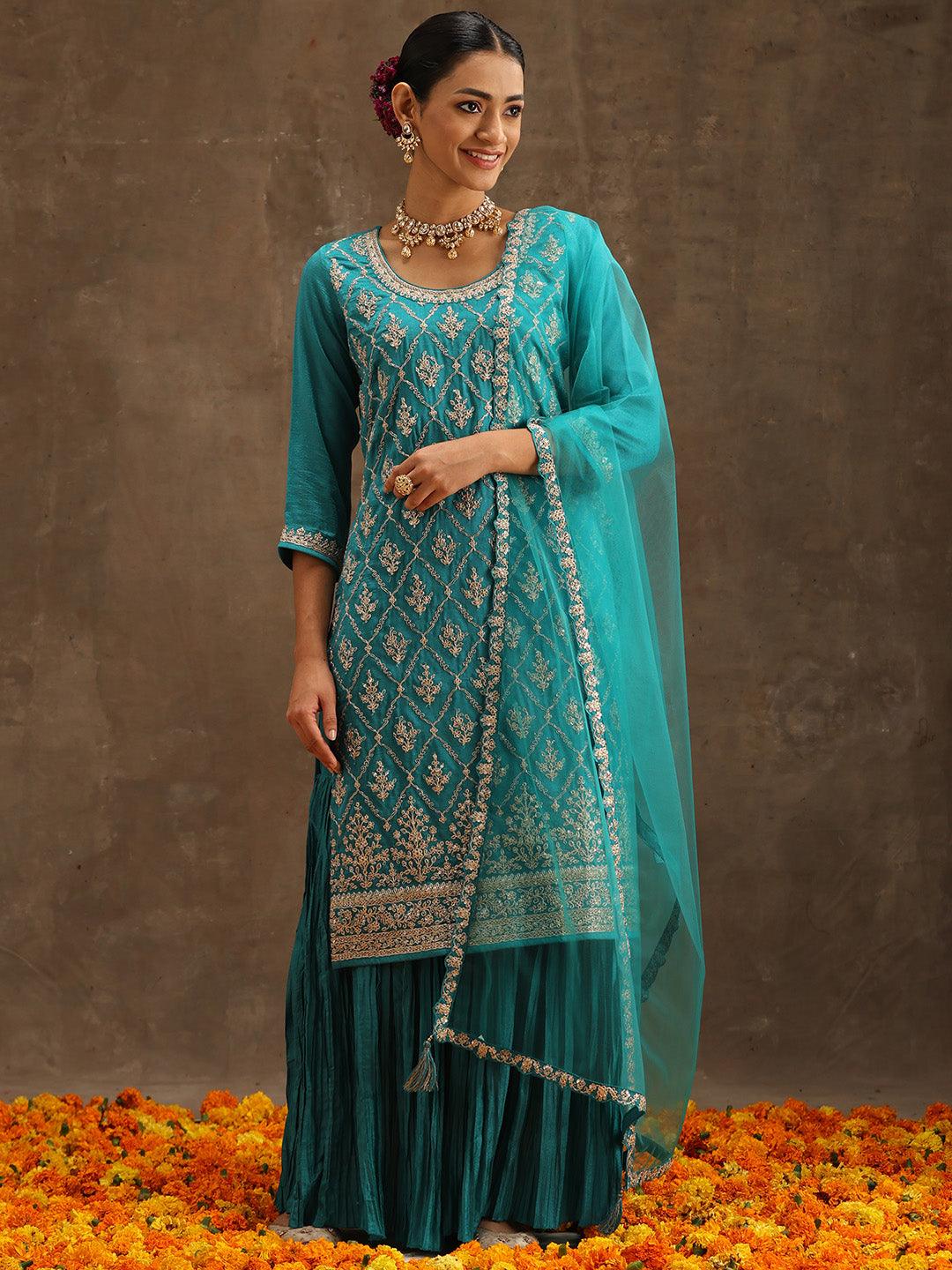 Turquoise Blue Embroidered Silk Blend Straight Suit Set With Sharara - Libas