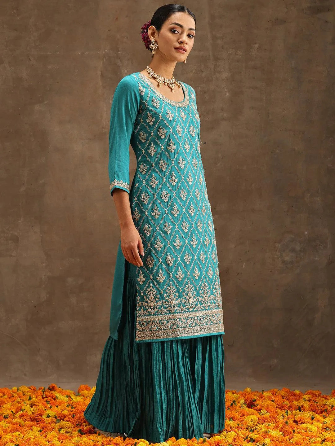 Turquoise Blue Embroidered Silk Blend Straight Suit Set With Sharara - Libas 