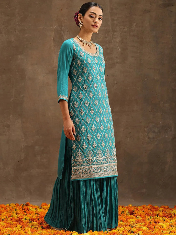 Turquoise Blue Embroidered Silk Blend Straight Suit Set With Sharara - Libas