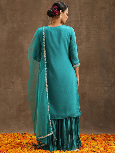 Turquoise Blue Embroidered Silk Blend Straight Suit Set With Sharara - Libas