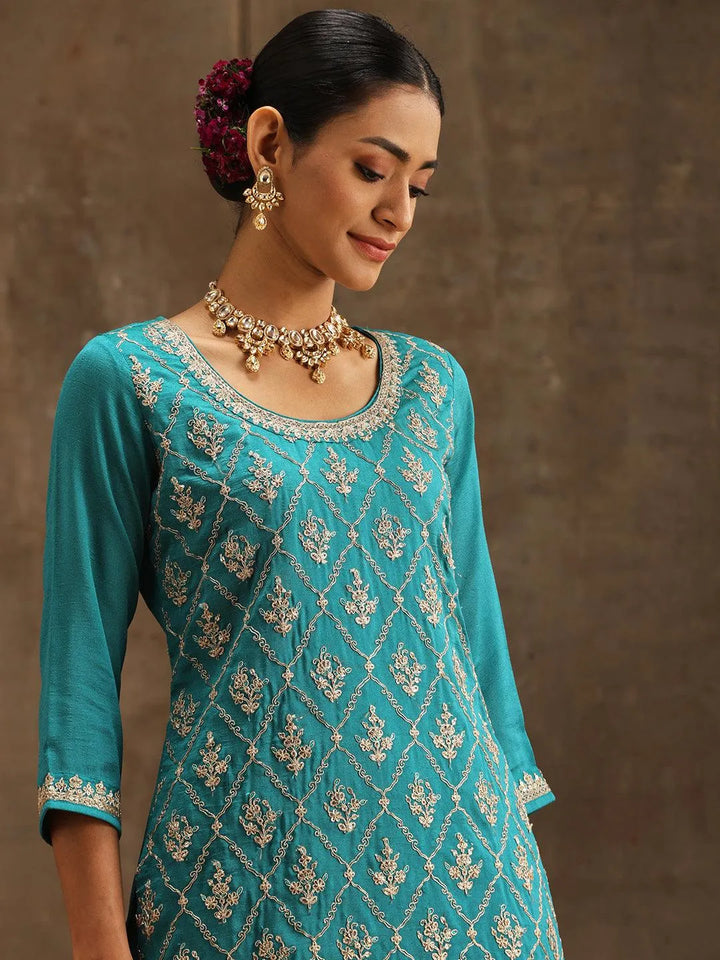 Turquoise Blue Embroidered Silk Blend Straight Suit Set With Sharara - Libas