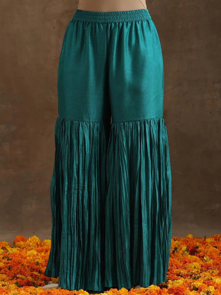 Turquoise Blue Embroidered Silk Blend Straight Suit Set With Sharara - Libas