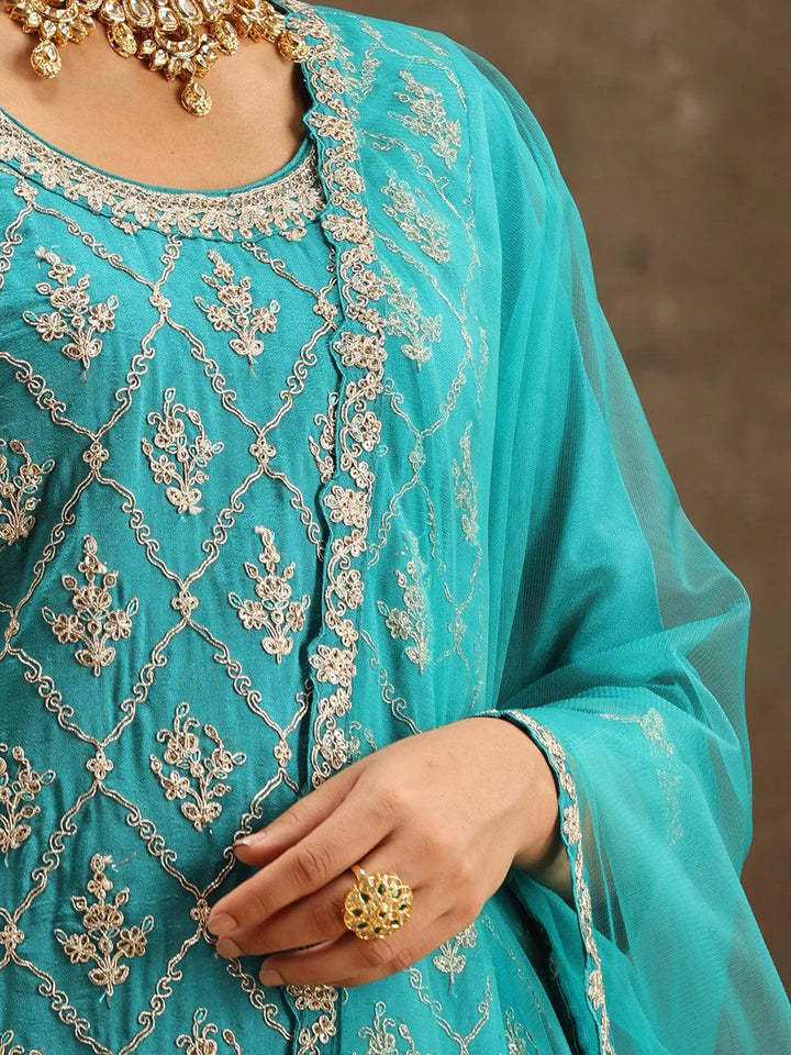 Turquoise Blue Embroidered Silk Blend Straight Suit Set With Sharara - Libas