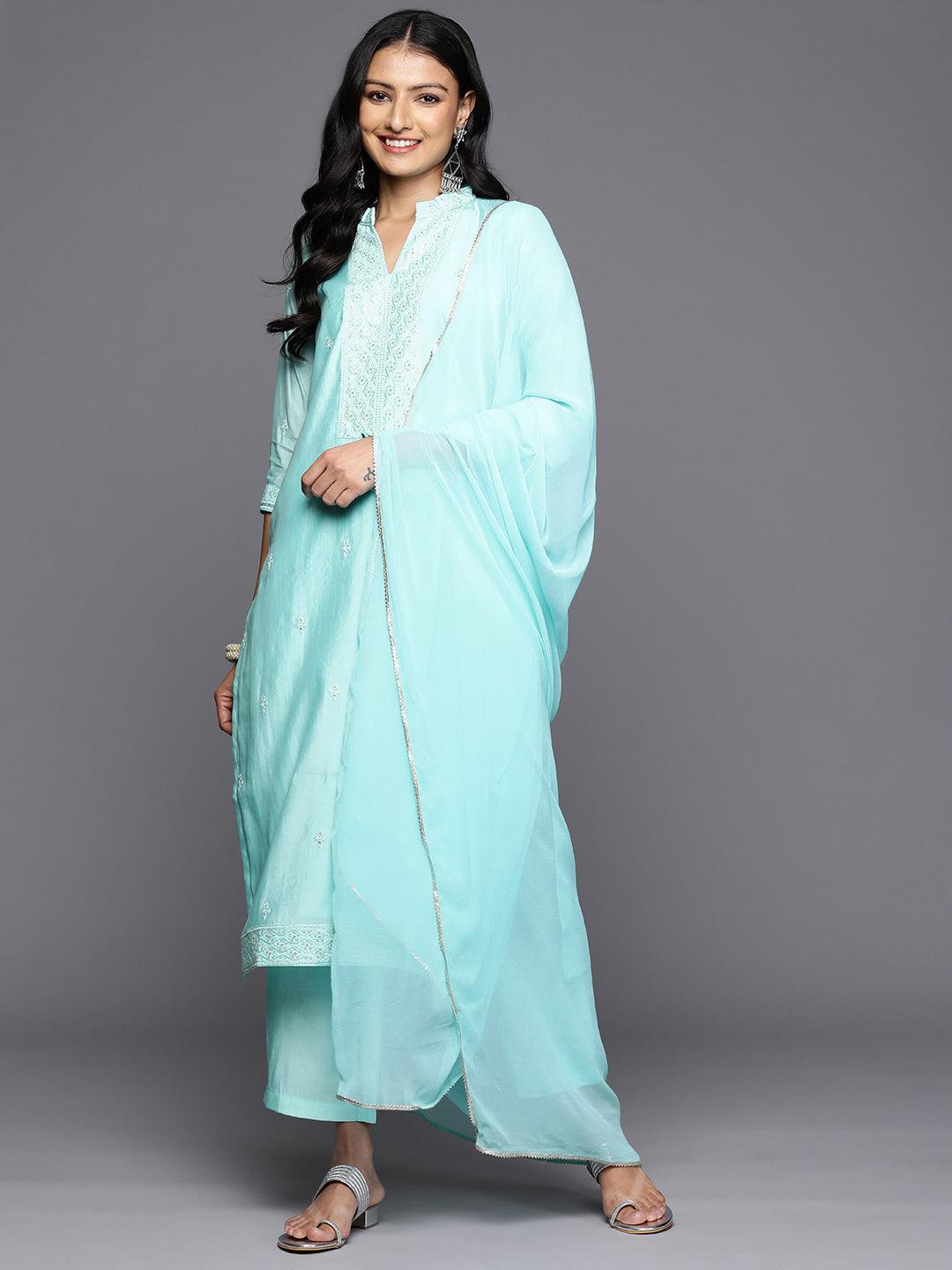 Turquoise Blue Embroidered Silk Blend Straight Kurta With Trousers & Dupatta