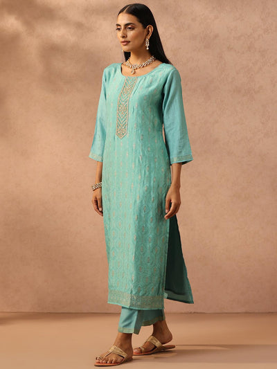 Turquoise Blue Embroidered Silk Blend Suit Set With Trousers - Libas