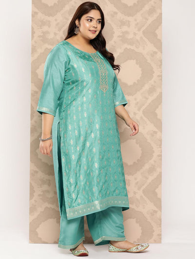 Turquoise Blue Embroidered Silk Blend Straight Kurta With Trousers and Dupatta - Libas