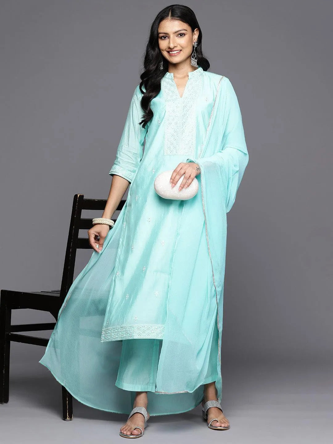 Turquoise Blue Printed Silk Blend Straight Kurta With Trousers & Dupatta - Libas 