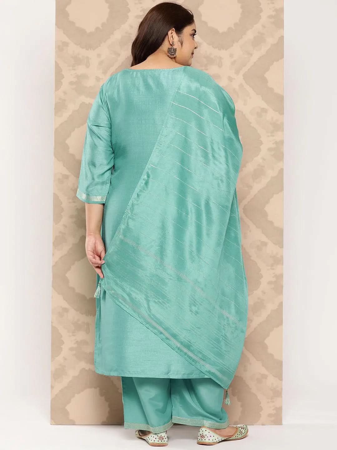 Turquoise Blue Embroidered Silk Blend Straight Kurta With Trousers and Dupatta - Libas 