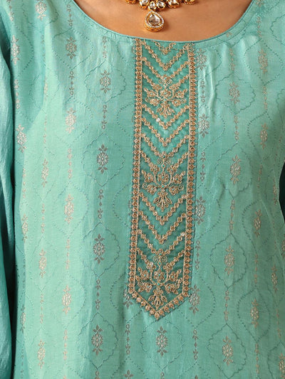Turquoise Blue Embroidered Silk Blend Suit Set With Trousers - Libas