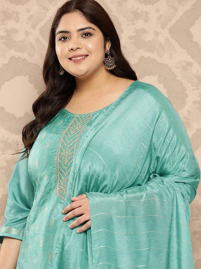 Turquoise Blue Embroidered Silk Blend Straight Kurta With Trousers and Dupatta - Libas