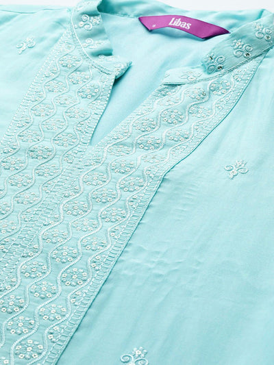 Turquoise Blue Printed Silk Blend Straight Kurta With Trousers & Dupatta - Libas