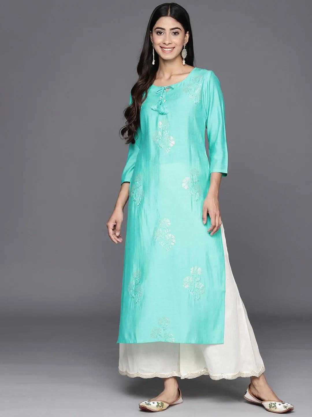 Turquoise Blue Embroidered Silk Straight Kurta - Libas 