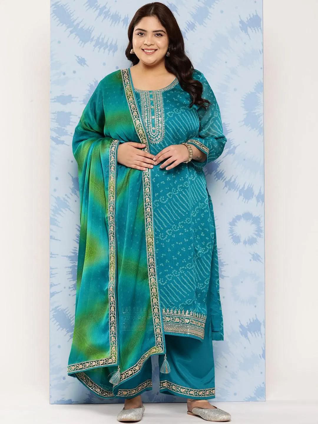 Turquoise Blue Printed Chiffon Straight Kurta With Trousers and Dupatta - Libas