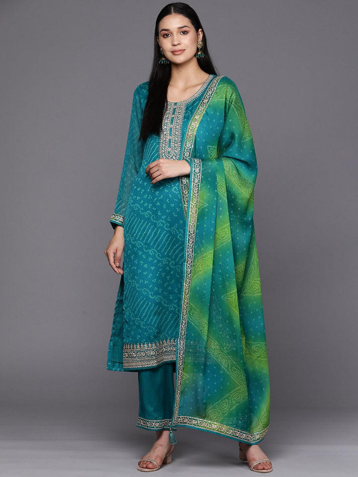 Turquoise Blue Printed Chiffon Straight Suit Set With Trousers - Libas