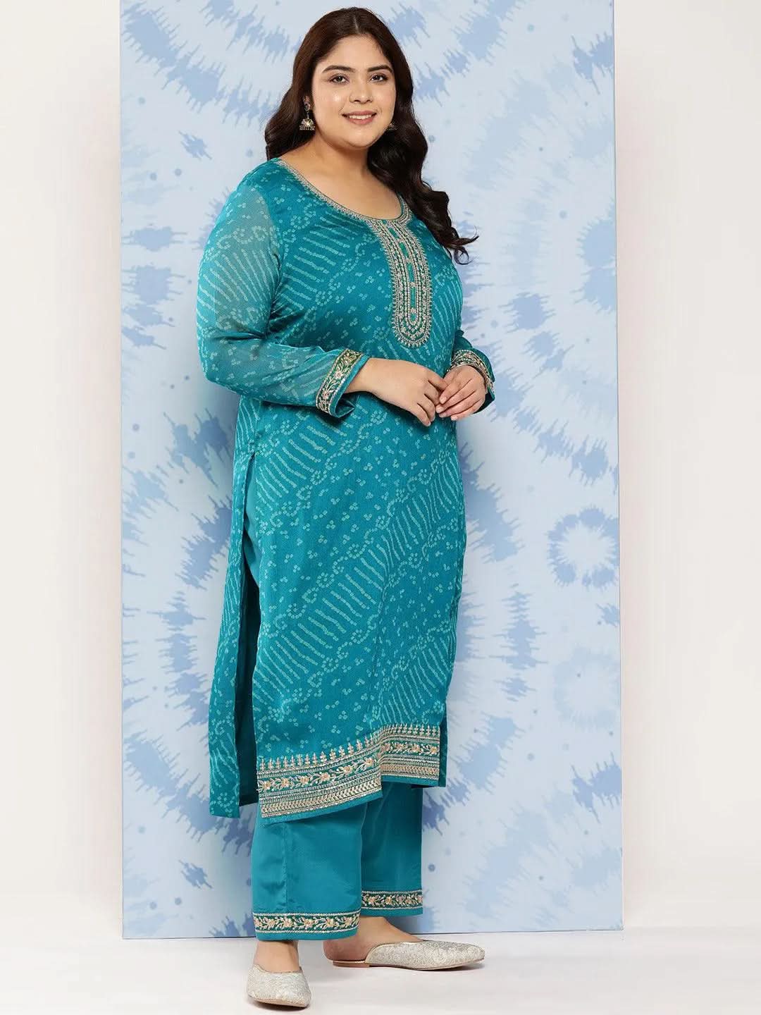 Turquoise Blue Printed Chiffon Straight Kurta With Trousers and Dupatta - Libas 