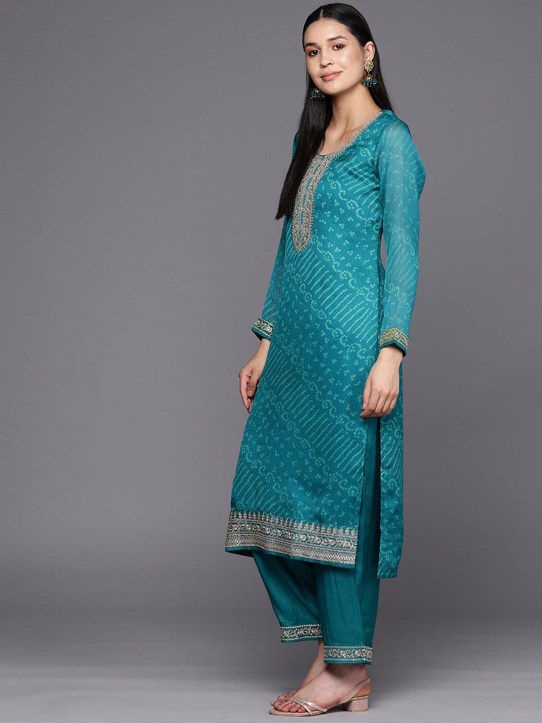 Turquoise Blue Printed Chiffon Straight Suit Set With Trousers - Libas