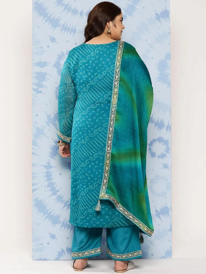 Turquoise Blue Printed Chiffon Straight Kurta With Trousers and Dupatta - Libas