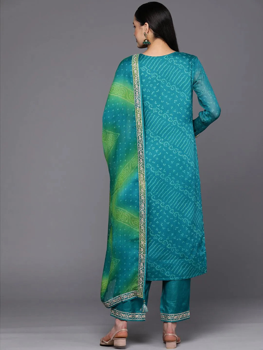 

Turquoise Blue Printed Chiffon Straight Kurta With Trousers & Dupatta