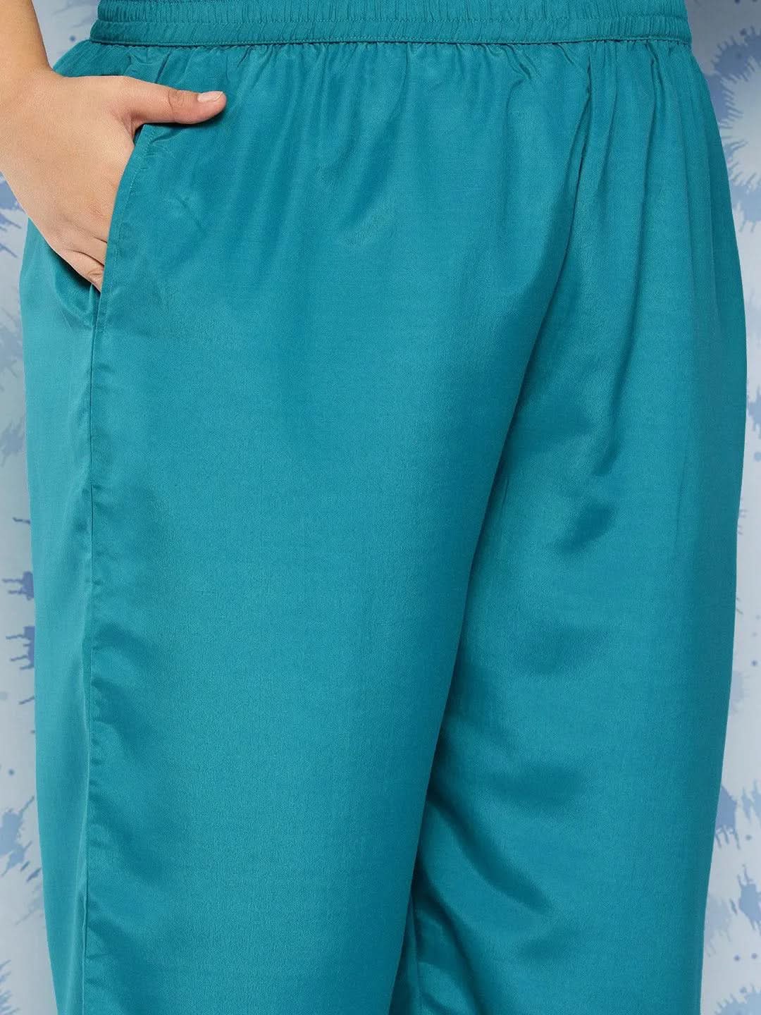 Turquoise Blue Printed Chiffon Straight Kurta With Trousers and Dupatta - Libas 