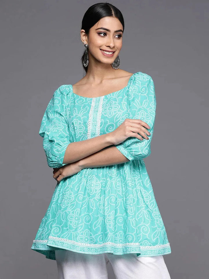 Turquoise Blue Printed Cotton A-Line Kurti - Libas