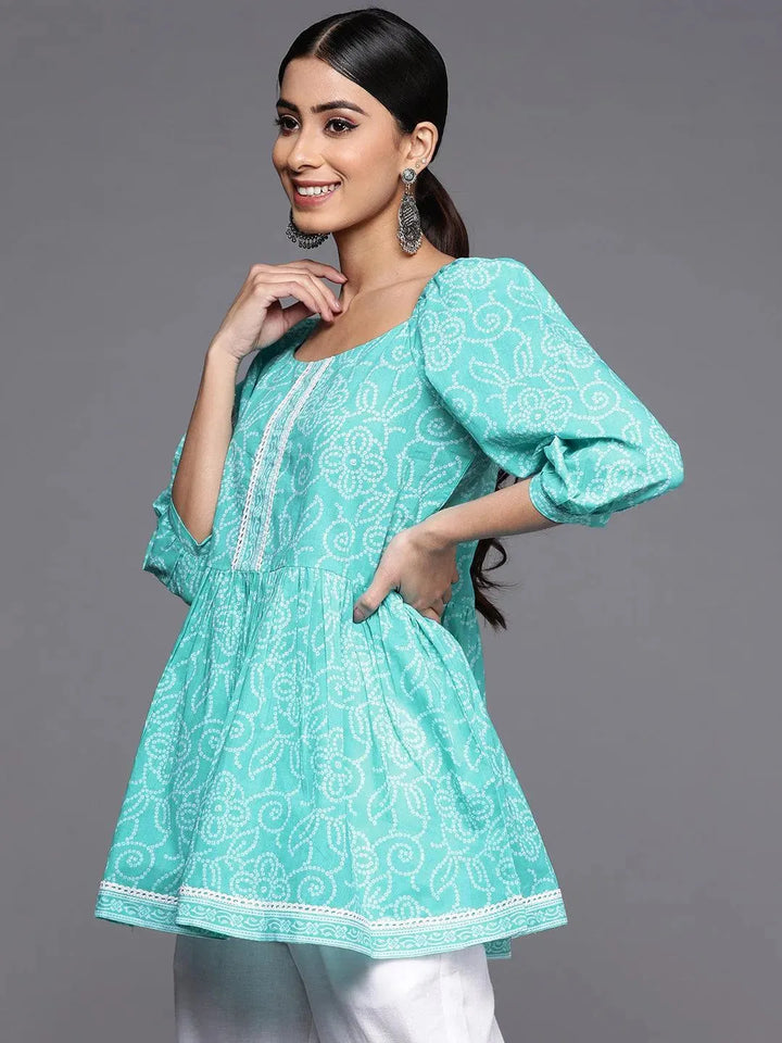 Turquoise Blue Printed Cotton A-Line Kurti - Libas
