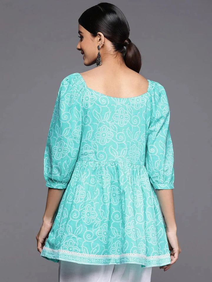 Turquoise Blue Printed Cotton A-Line Kurti - Libas