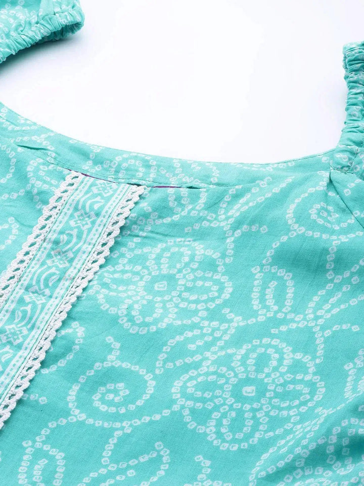 Turquoise Blue Printed Cotton A-Line Kurti - Libas