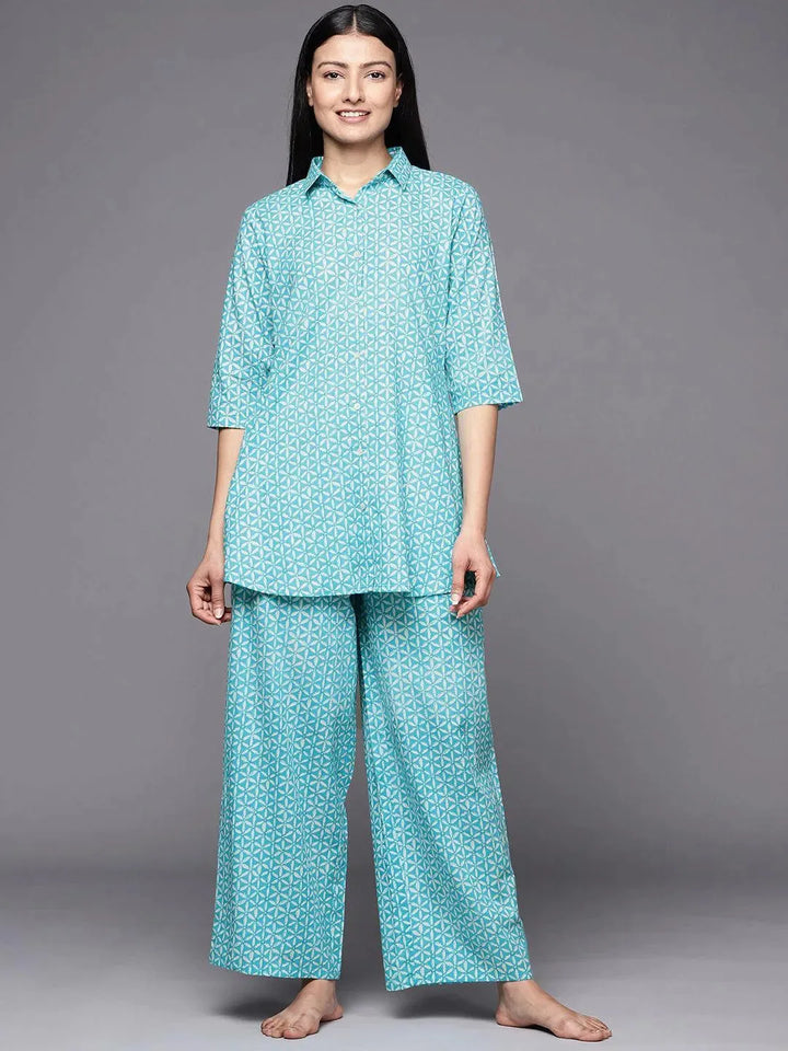 Turquoise Blue Printed Cotton Night Suit - Libas