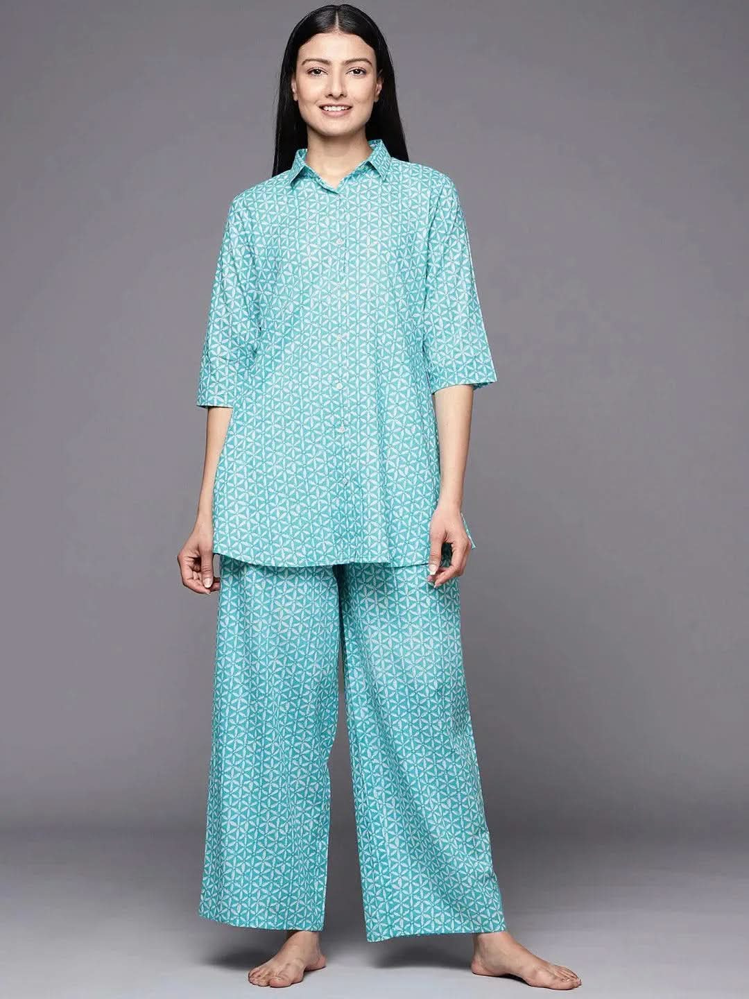 Turquoise Blue Printed Cotton Night Suit - Libas 
