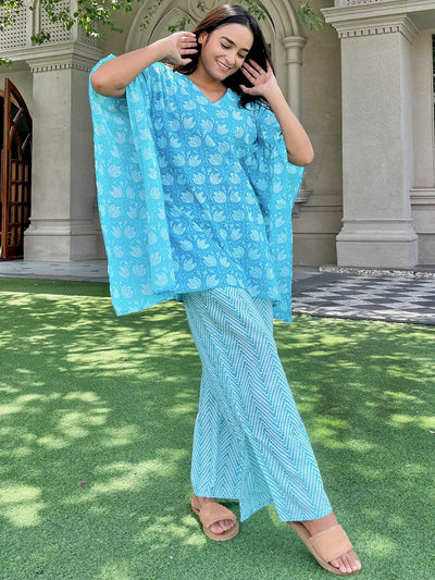 Turquoise Blue Printed Cotton Night Suit - Libas