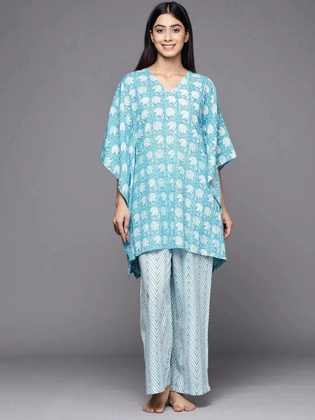 Turquoise Blue Printed Cotton Night Suit - Libas 