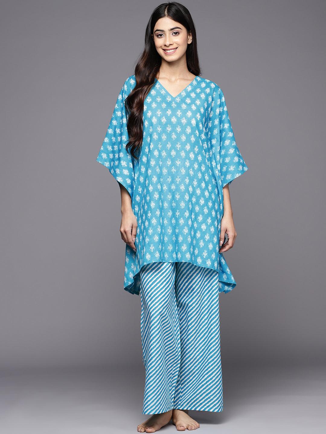 Turquoise Blue Printed Cotton Night Suit