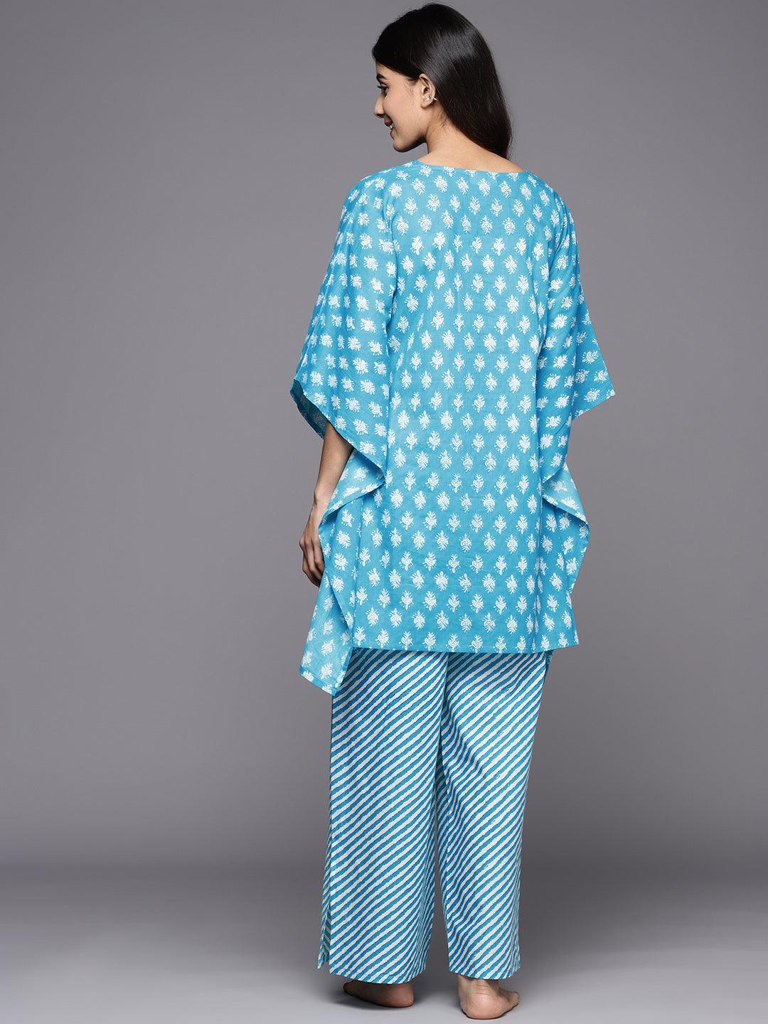 Turquoise Blue Printed Cotton Night Suit