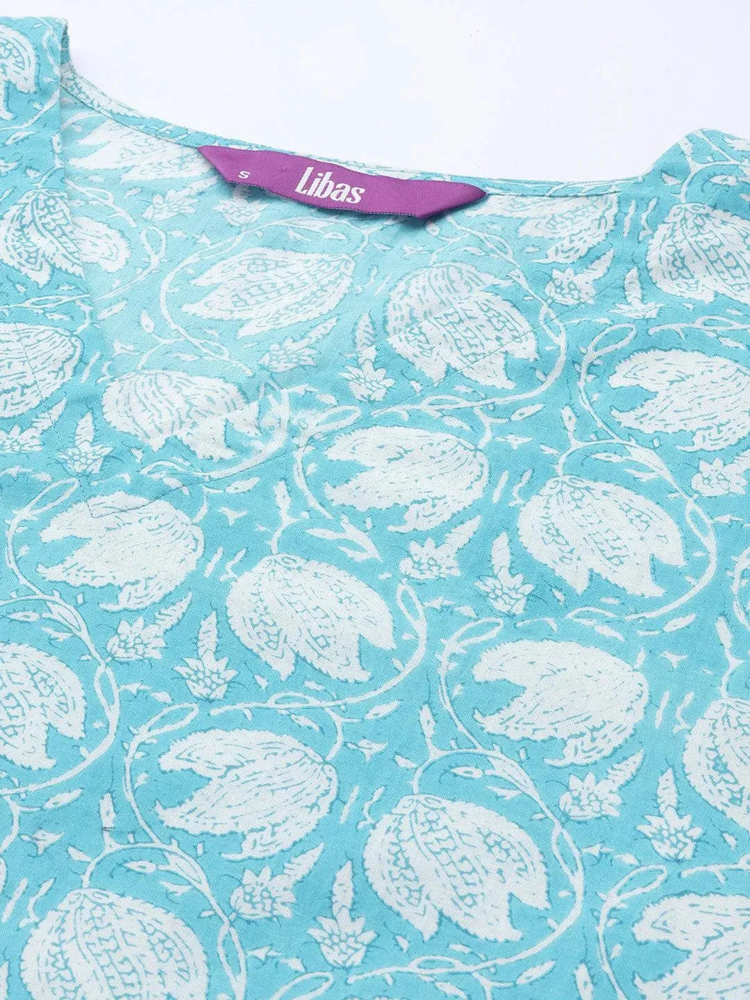 Turquoise Blue Printed Cotton Night Suit - Libas 