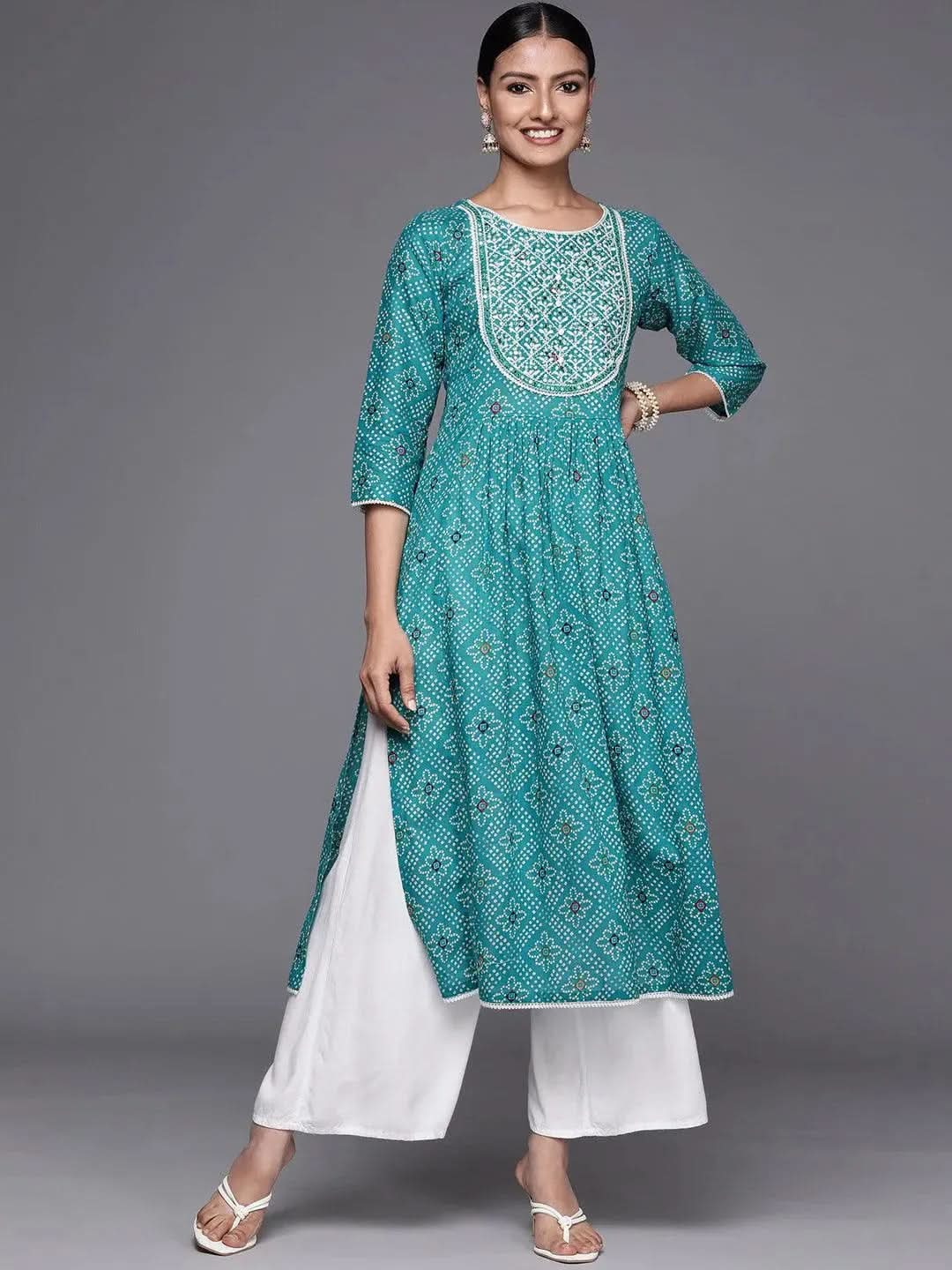 

Turquoise Blue Printed Cotton Straight Kurta