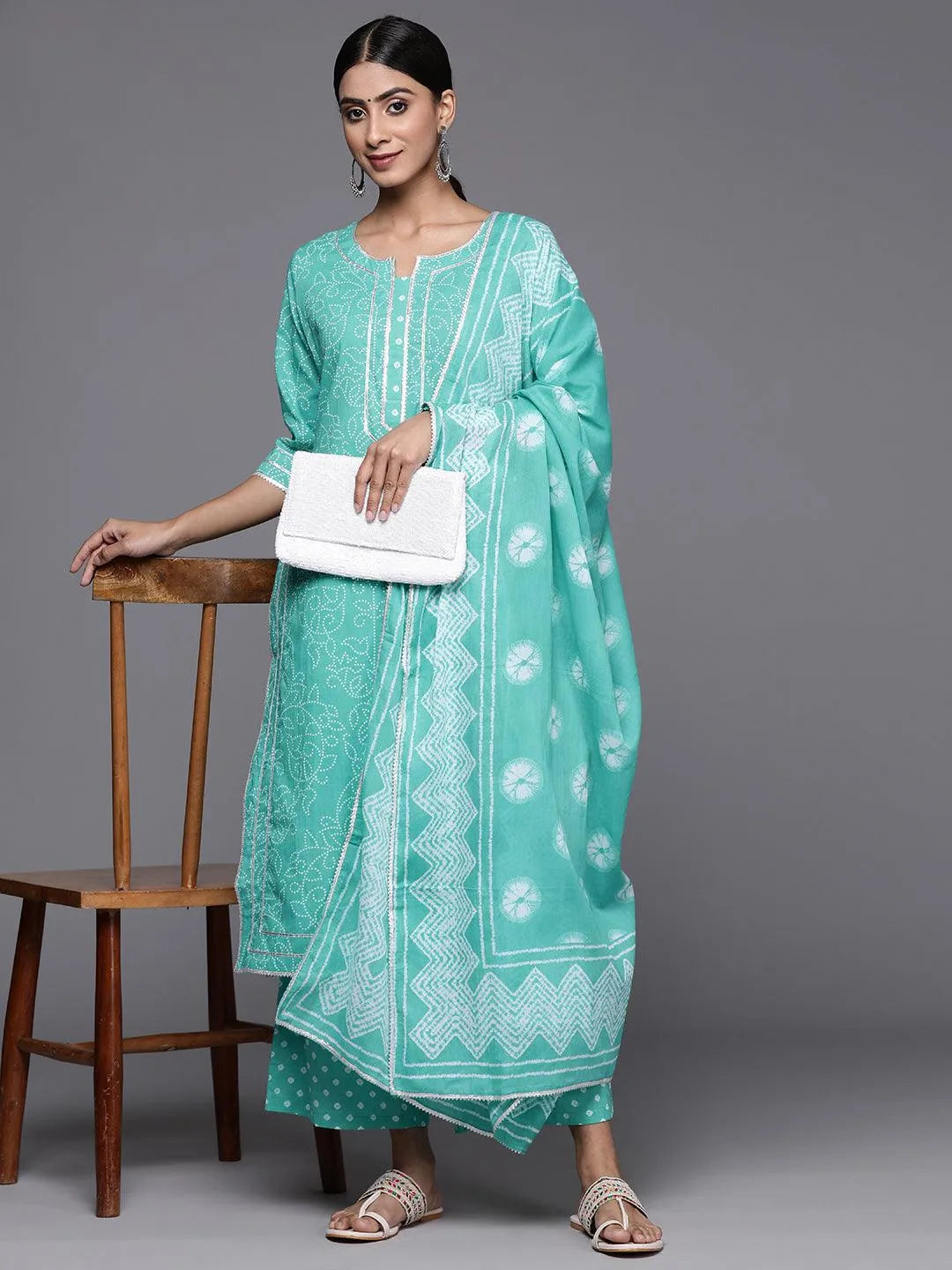Turquoise Blue Printed Cotton Straight Kurta With Palazzos & Dupatta - Libas 