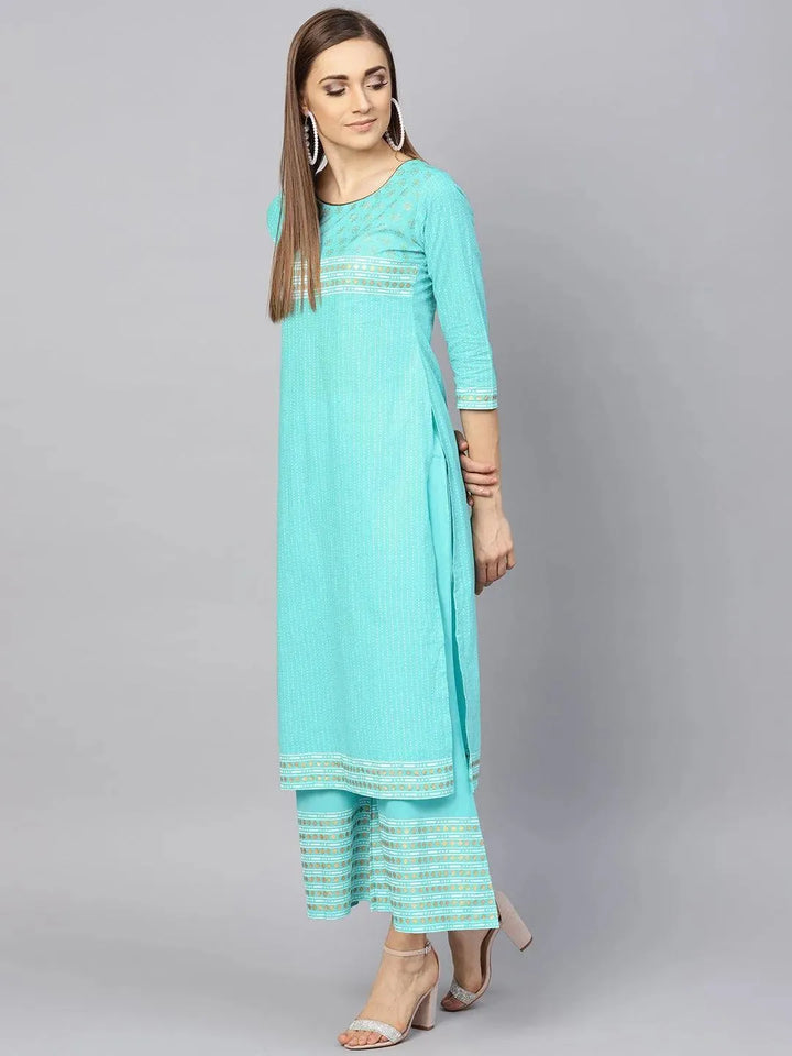 Turquoise Blue Printed Cotton Kurta Set - Libas