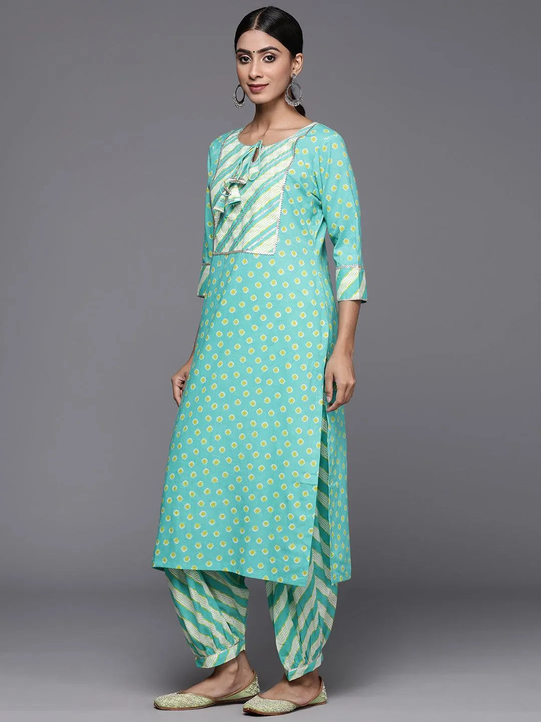 Turquoise Blue Printed Cotton Straight Kurta With Salwar & Dupatta - Libas 
