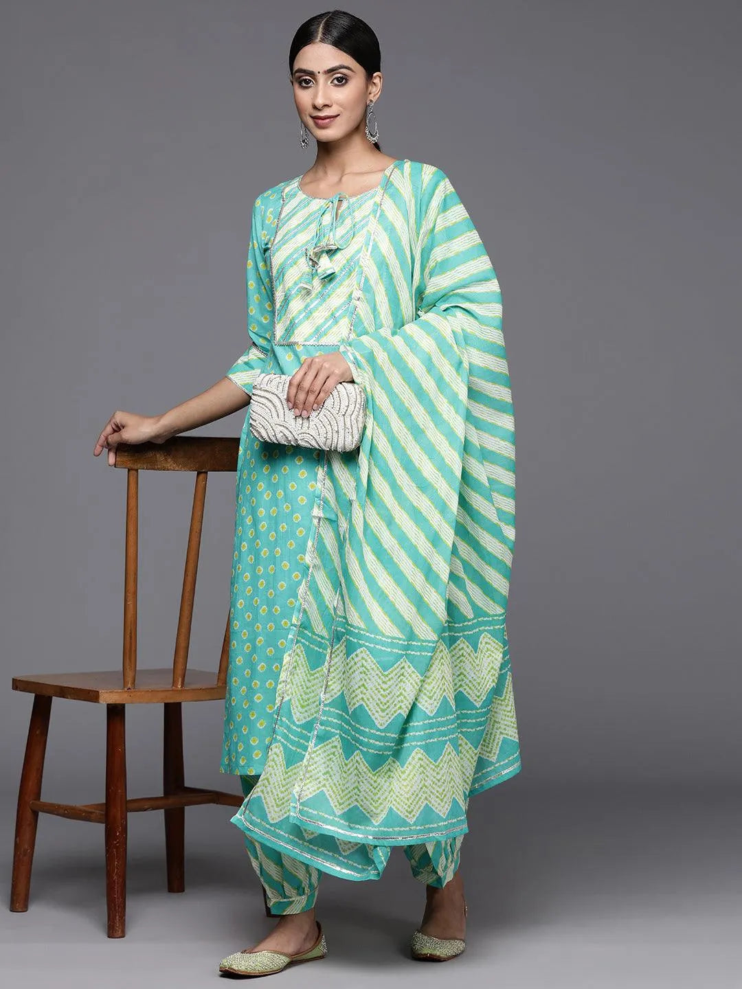 Turquoise Blue Printed Cotton Straight Kurta With Salwar & Dupatta - Libas 