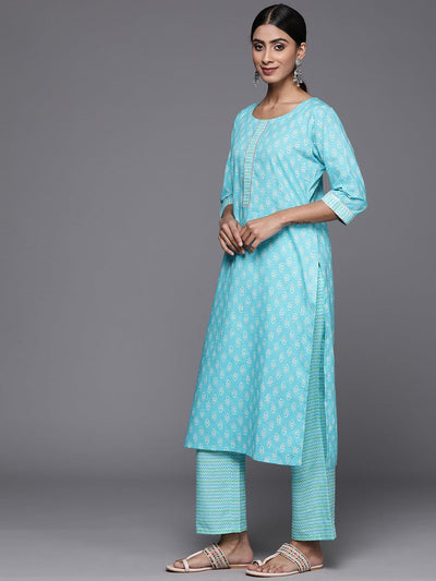 Turquoise Blue Printed Cotton Straight Kurta With Trousers & Dupatta - Libas