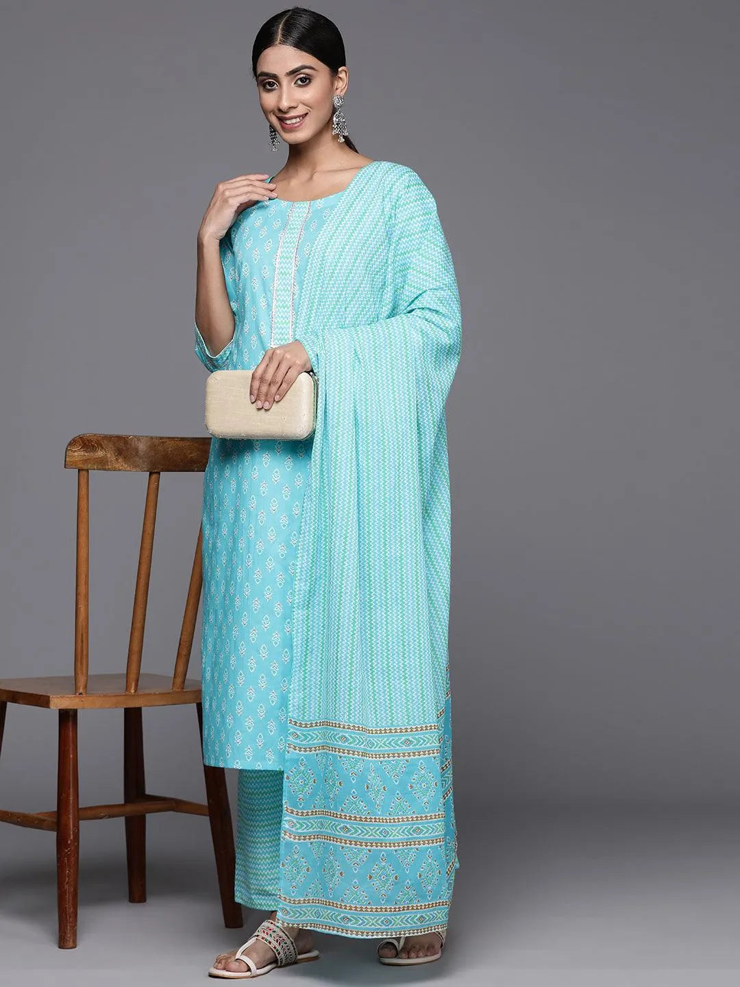 Turquoise Blue Printed Cotton Straight Kurta With Trousers & Dupatta - Libas 