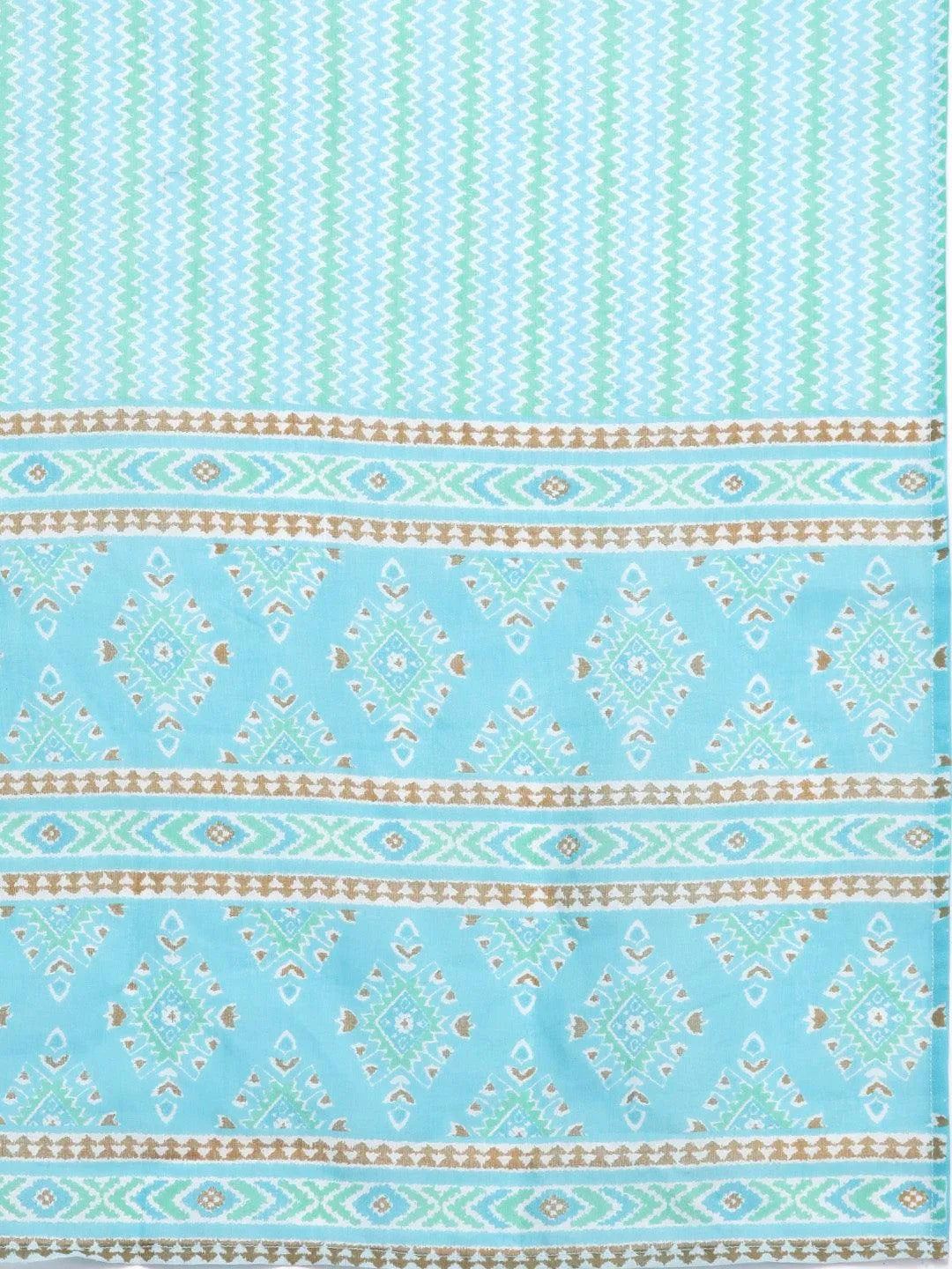 Turquoise Blue Printed Cotton Straight Kurta With Trousers & Dupatta - Libas 