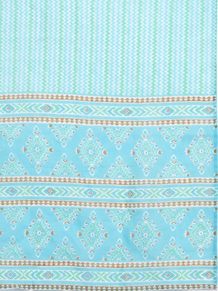 Turquoise Blue Printed Cotton Straight Kurta With Trousers & Dupatta - Libas