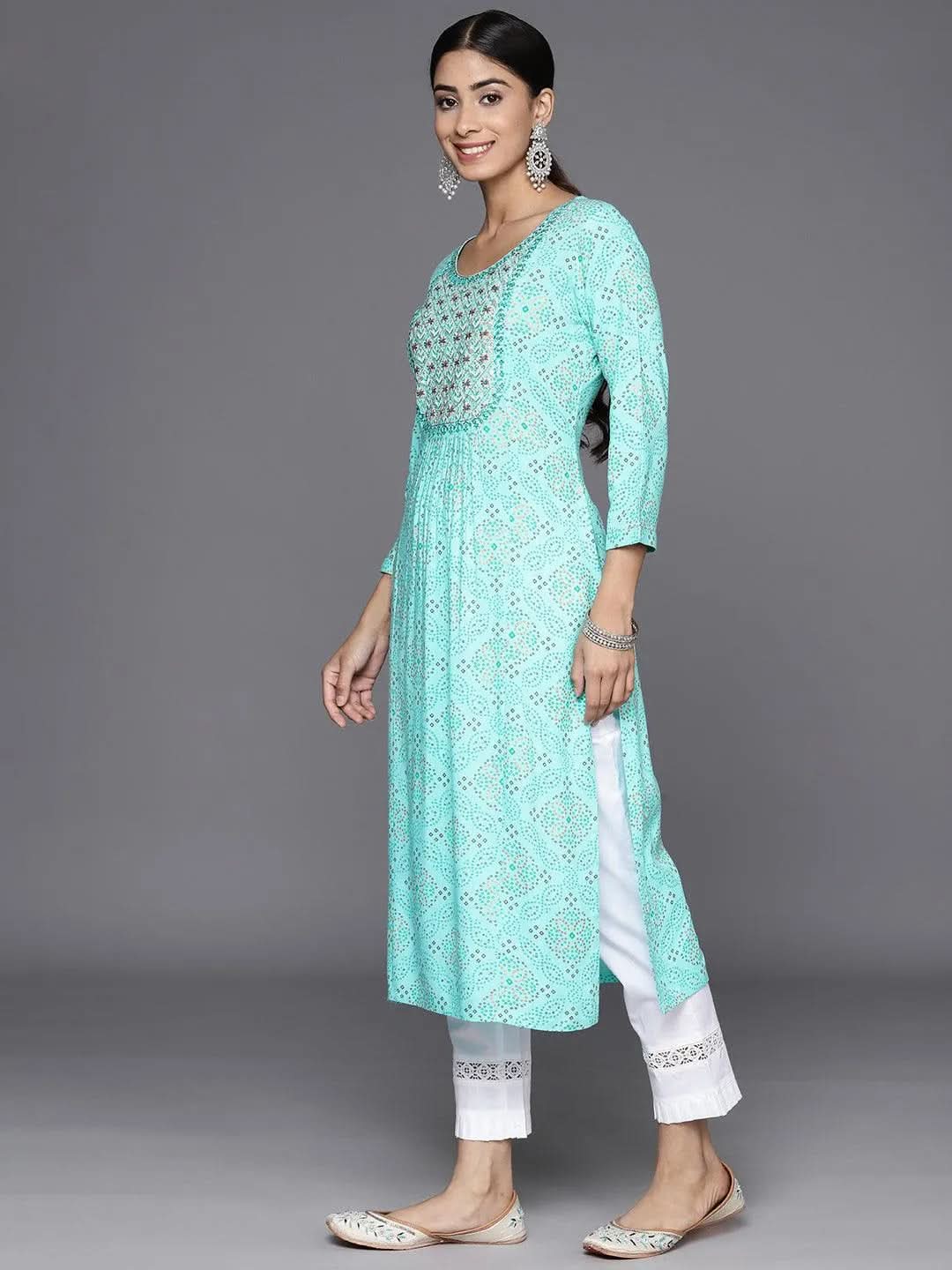 Turquoise Blue Printed Rayon Straight Kurta - Libas 