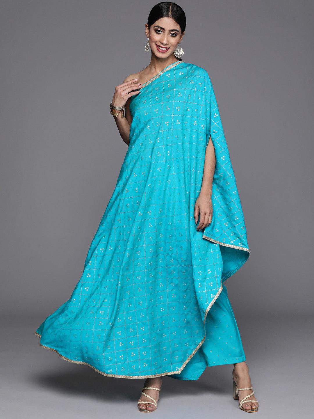 Turquoise Blue Printed Silk Blend Kaftan Kurta With Trousers