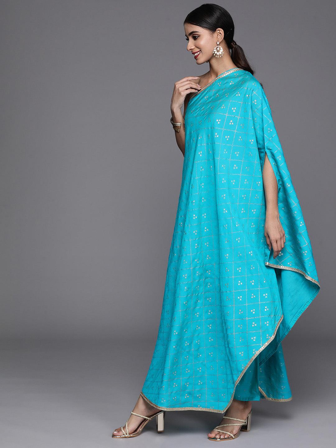 Turquoise Blue Printed Silk Blend Kaftan Kurta With Trousers